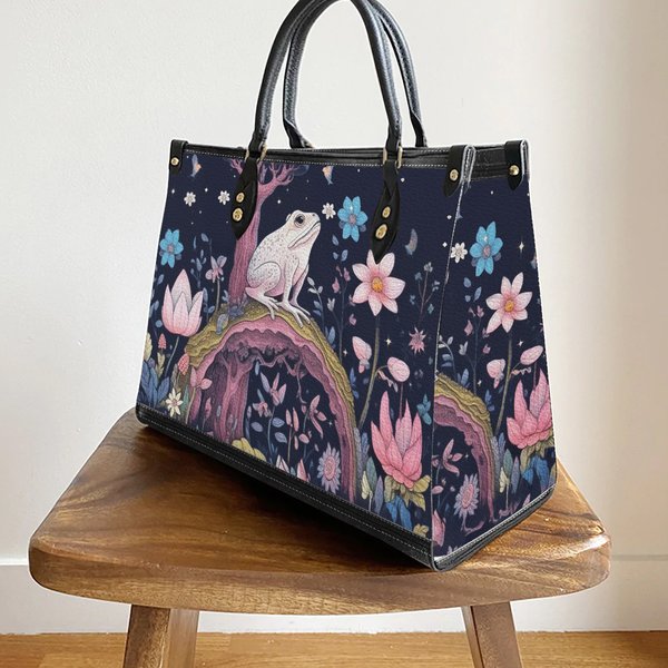 Witchy Goblincore Frog Forest Lotus Top Handles Vegan Leather Handbag-image