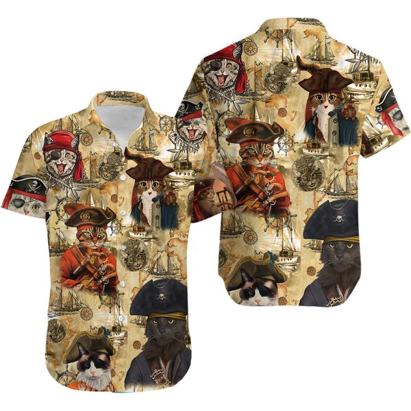 Hawaiian Shirts Men Pirate Cat Short Sleeve Button Hawaiian Shirt-image