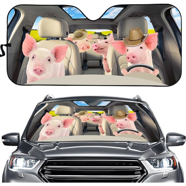 Funny Pig Family Driving On Summer Farm Animal Lover Car Sunshade-image