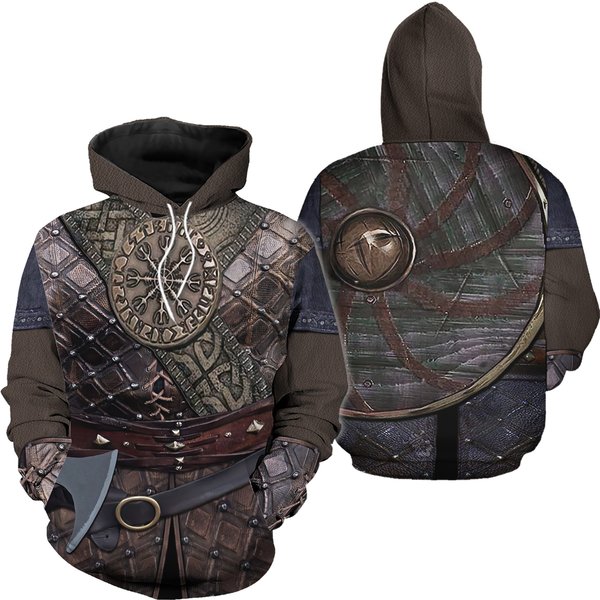 Medieval Viking Hoodie Helm Of Awe, New Gift On Top Viking Style Premium Hoodie 3D-image