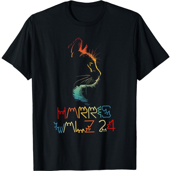 Kamala Harris Walz Lettering Positive Funny Cat Lady T-Shirt-image