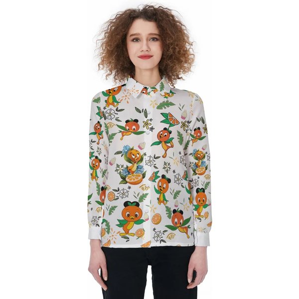 Orange Bird Linen Women Shirt, Floral Orange Bird Linen Casual Shirt-image