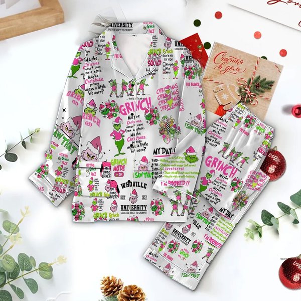Christmas Funny Character Women Pajamas, Grin Pajamas Set-image