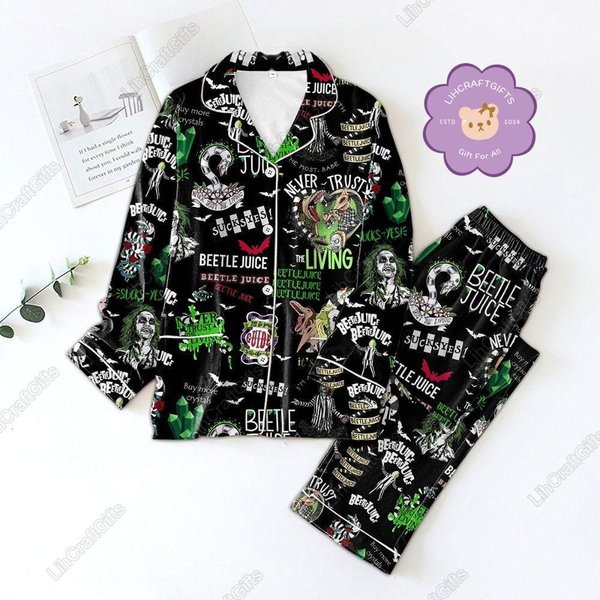 Halloween Beetlejuice Never Trust The Living Pajamas Set, Horror Pajamas Set