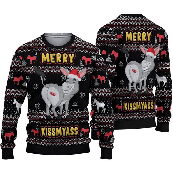 Donkeys Merry Kissmyass Ugly Christmas Sweater, Funny Christmas Ugly Sweater-image