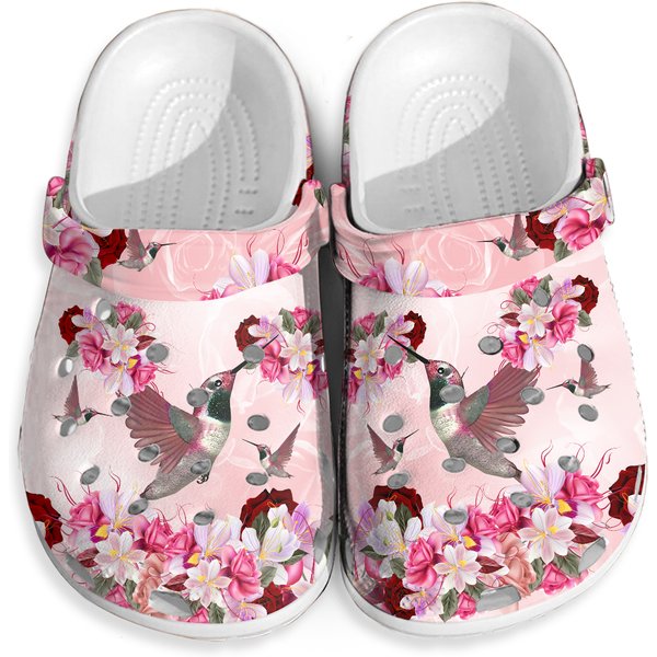 Roses And Hummingbird Clogs Slippers, Bird & Flower Clogs Shoes-image