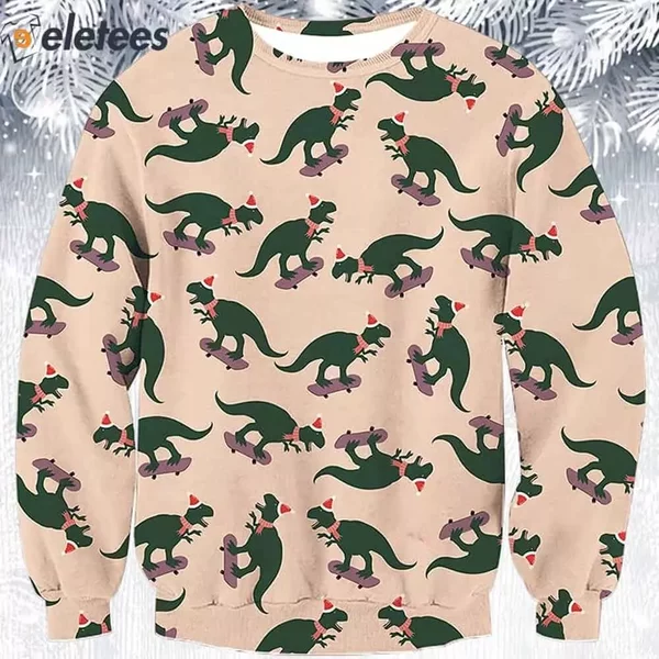 Dinosaur Riding Skateboard Ugly Christmas Sweater-image