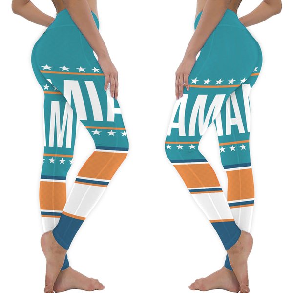 Miami Fan/team Colors Aqua With White-orange/ Football Style Sports Leggings