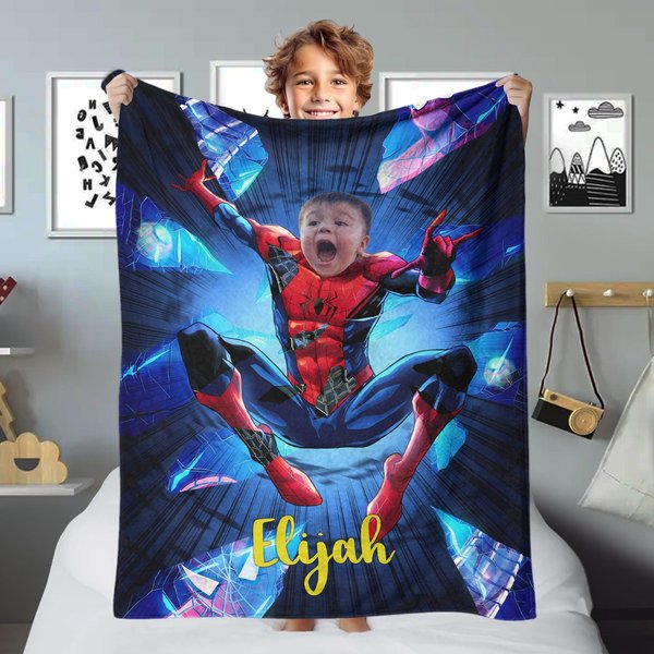 Personalized Photo Face Spider Blanket, Custom Name Blanket, Spider Movie Blanket