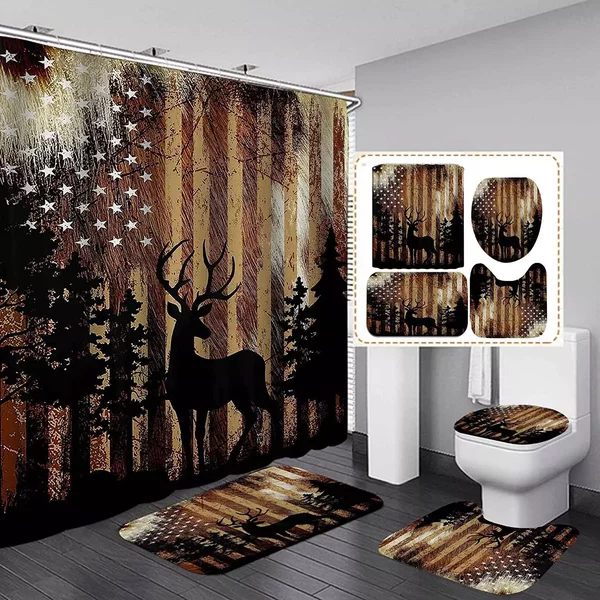 American Flag Deer Shower Curtain Set, Animal Shower Curtain Or Bathroom Set