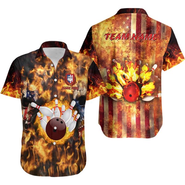 Custom Bowling Personalize Name Vintage Flame, Usa Bowling Team Hawaiian Shirt-image