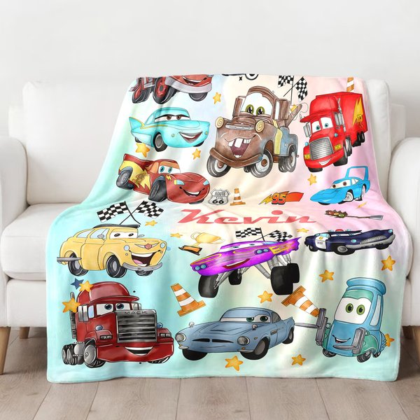 Personalized Watercolor Car Blanket, Custom Name Racing Car Characters Fleece Blanket-image