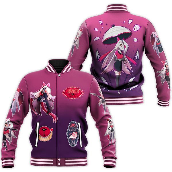 Hazbin Hotel Zipper Baseball Jacket, Angel Dust Streetwear Jacket, Vaggie Hazbin Hotel Movie Baseball Jacket