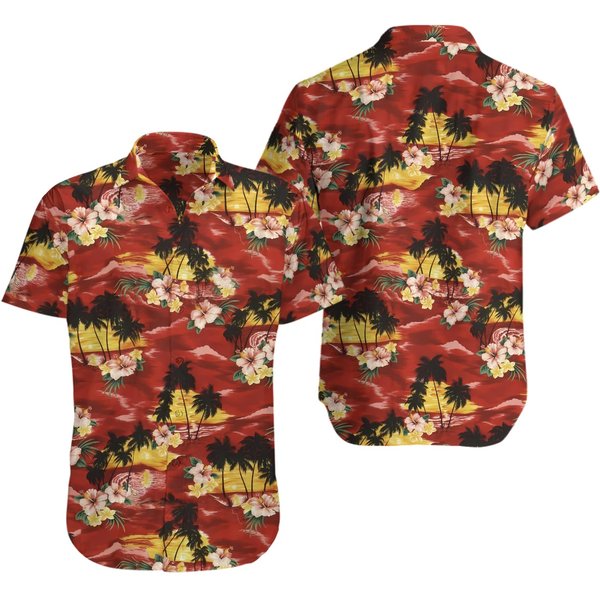Vintage Pacific Legend Hawaiian Red Floral Sunset Button Up Shirt-image