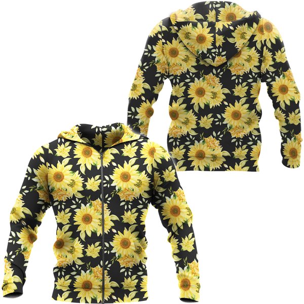 Sunflower Zip Up Hoodie, Yellow Black Flowers Floral Front Zip Pocket Men Women Adult-image