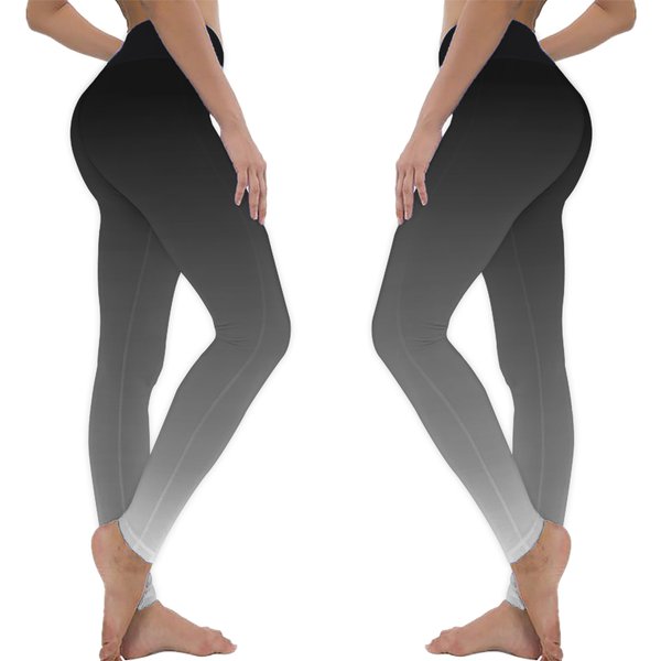 Grey White Ombre Leggings Women, Gradient Tie Dye Black Printed Yoga