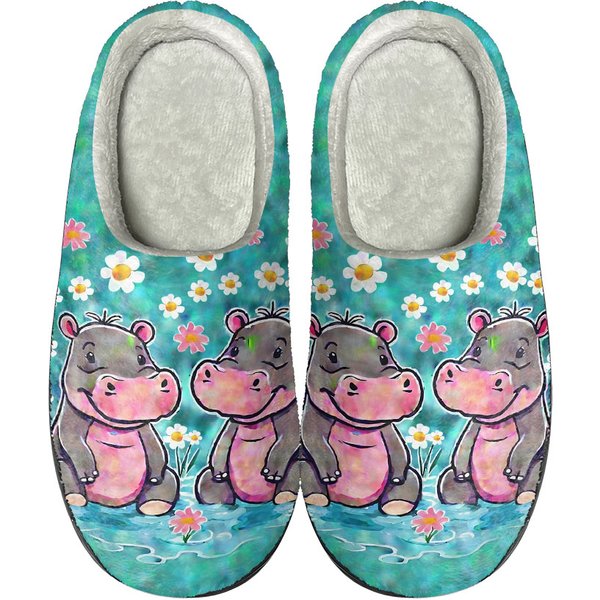 Hippo Love Women's Custom Indoor Slippers, Hippo Slippers Shoes Fashion Apparel