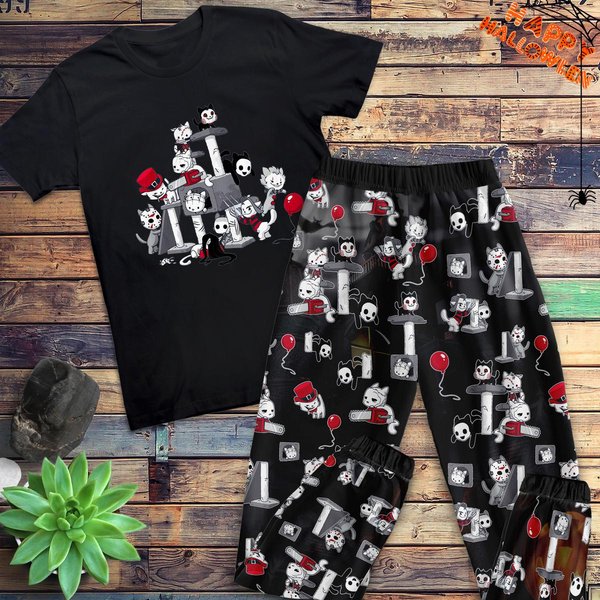 Cats Horror Movie Pajamas Set, Horror Characters Friends Cat Pajamas Set-image