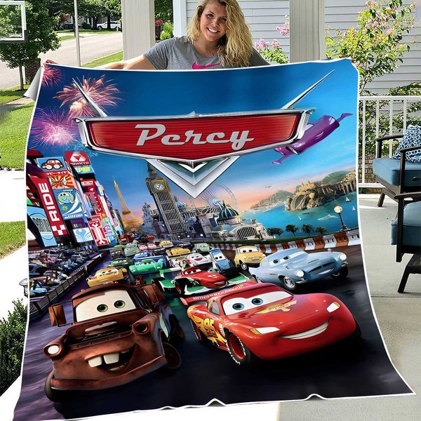 Personalized Car Racer Backpack, Custom Name Animated Car Racing Fleece Blanket