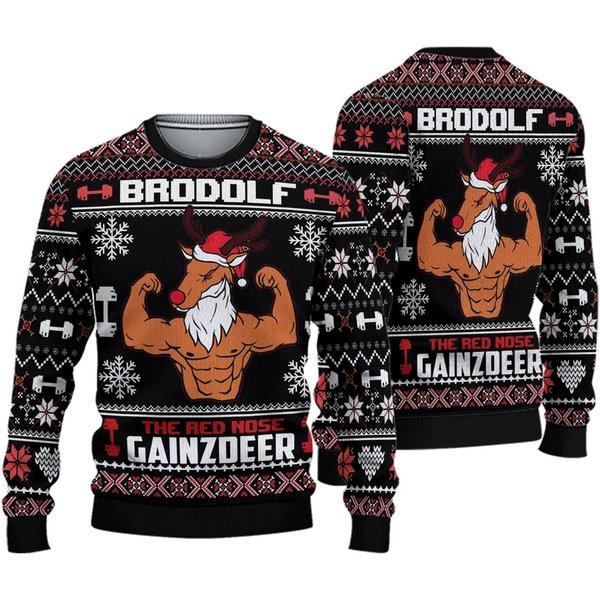 Brodolf The Red Nose Gainzdeer Gym Ugly Christmas Sweater