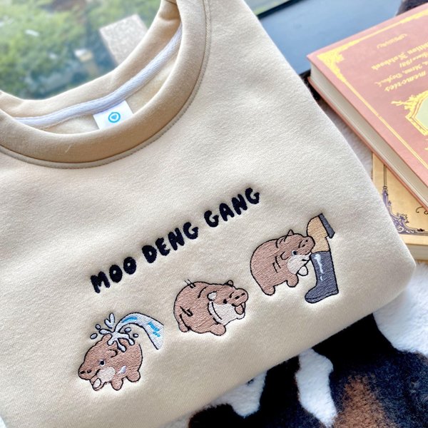 Moo Deng Gang Embroidered Sweatshirt, Cute Baby Hippo Crewneck-image