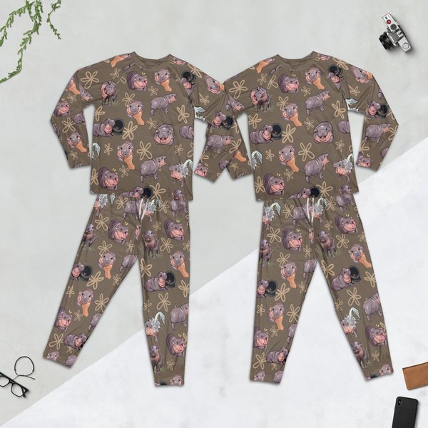 Moo Deng Funny Pajamas Set, Moo Deng Cute Family Pajamas-image