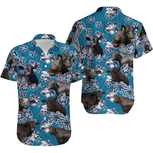Hawaiian Shirt Tropical Hibicus Flower Black Angus, Cow Floral Aloha Shirt-image