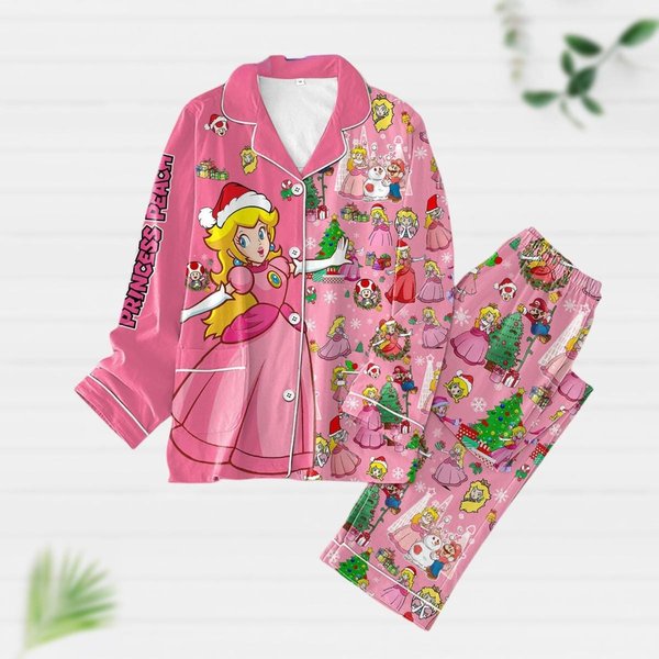Princess Peach Christmas Pajamas Set, Peach And Mario Holiday Pajamas, Super Mario Gaming-image