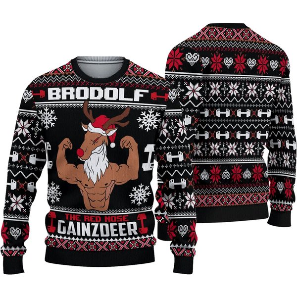 Brodolf The Red Nose Gainzdeer Gym Ugly Christmas 3D Sweater-image