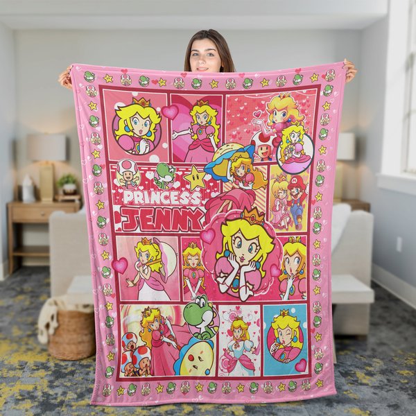 Personalized Super Mario Bros Princess Peach Fleece Blanket, Princess Peach Mario Throw Blanket For Couch Sofa, Birthday Girl Gift-image