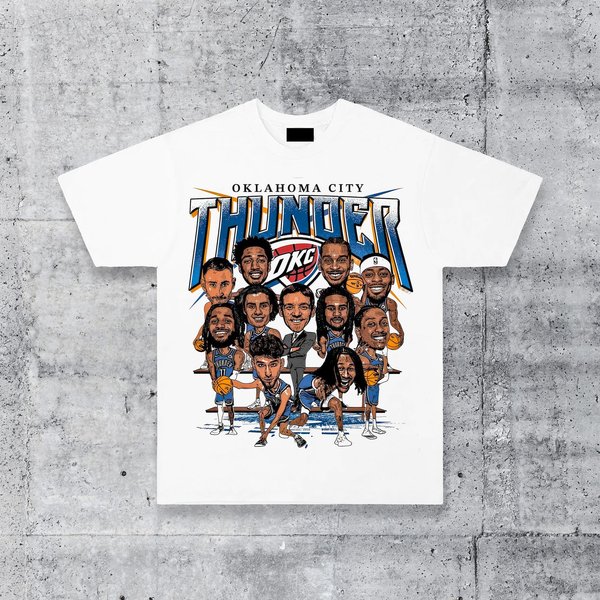 Cartoon Style Oklahoma City Basketball Okc Team Thunder Shai Gilgeous-Alexander, Chet Holmgren, Jalen Williams, Dort Streetwear T-Shirt-image