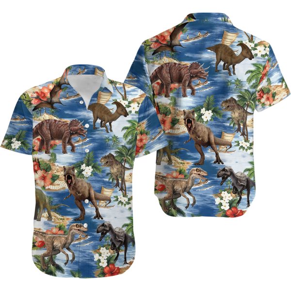 Dinosaur Hawaiian Shirt, Tropical Dinosaur Hawaiian Shirts-image
