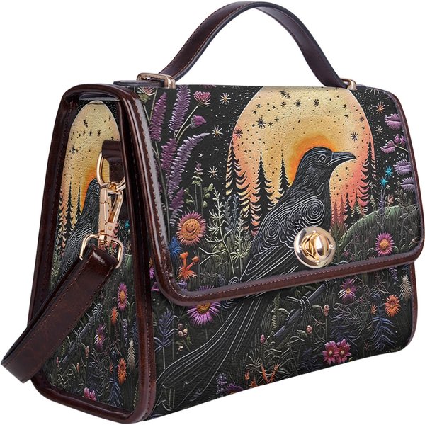 Cottagecore Witch Canvas Satchel Bag, Cute Women Witchy Crow Crossbody Purse-image