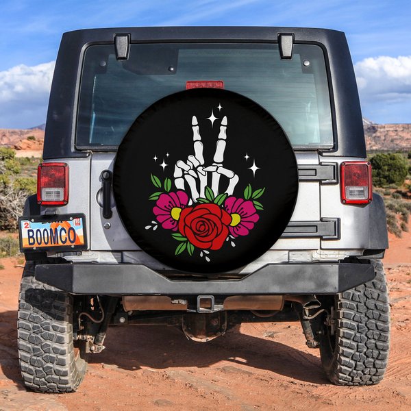 Skeleton Hand Peace With Flowers Spare Tire Cover-image