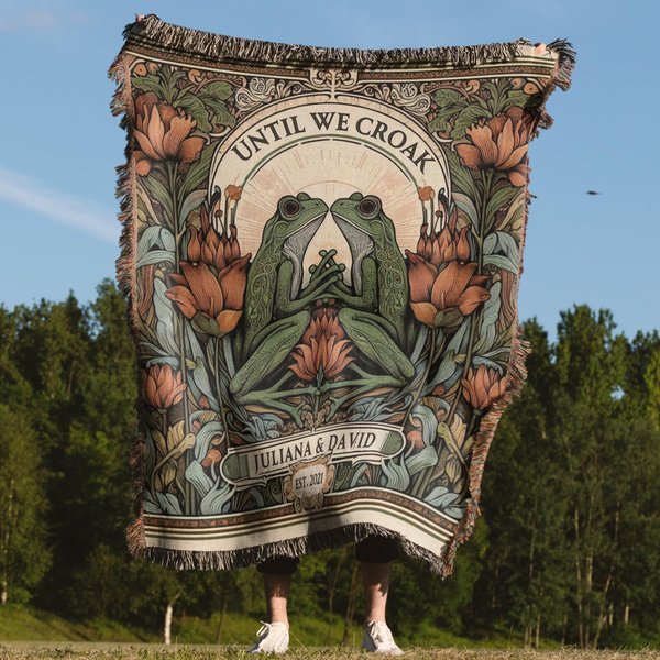 Frog Couple Tapestry | Personalized Anniversary Gift Custom Name Tapestry Woodland Blanket Woven | Cottagecore Wedding Gift For Couple Gift-image