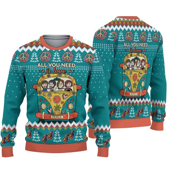 All You Need Is Love Hippie Peace Bus Ugly Christmas 3D Sweater-image
