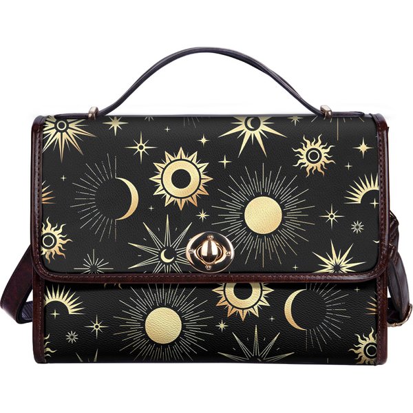 Cottagecore Astrology Canvas Satchel Bag, Cute Witch Sun Moon Stars Crossed Body