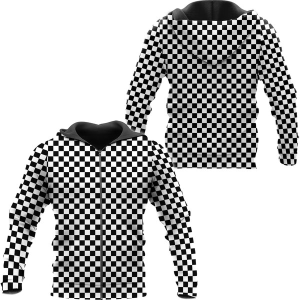 Black White Check Zip Up Hoodie, Checkered Racing Front Zip Pocket Men Women-image