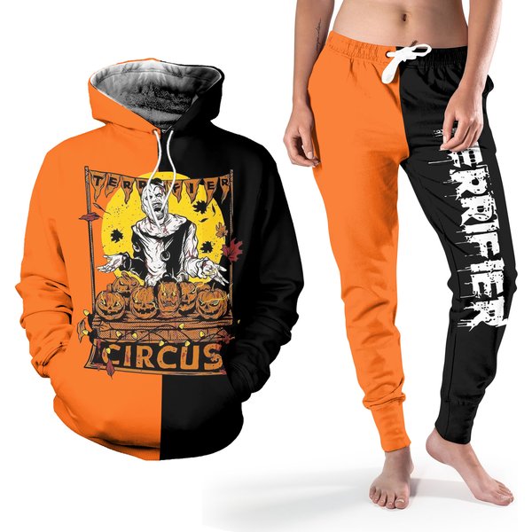 Halloween Terrifier 3D Hoodie Joggers Sets, Terrifier Art The Clown Halloween Horror-image