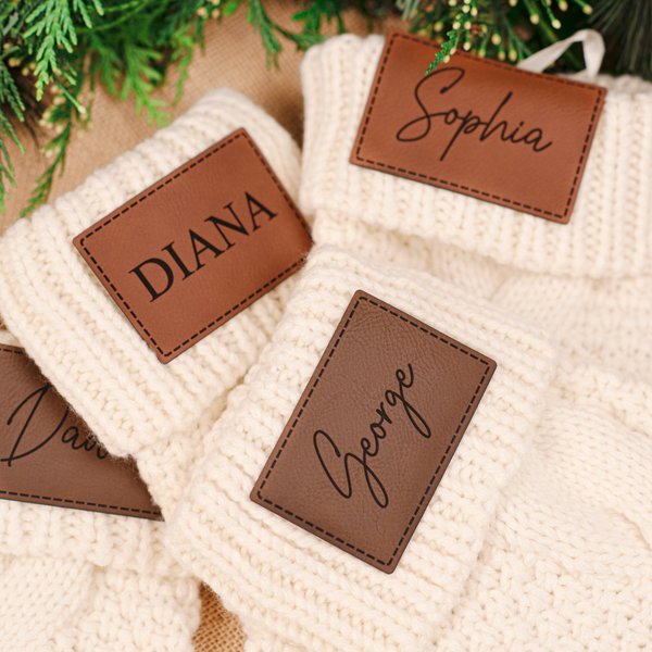 Personalized Christmas Stockings With Leather Patch - Custom Stocking - Knit Stocking-image