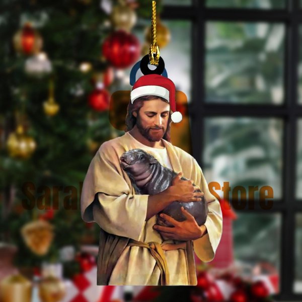 Moo Deng Holiday Ornament, Jesus Hippo Christmas Bauble-image