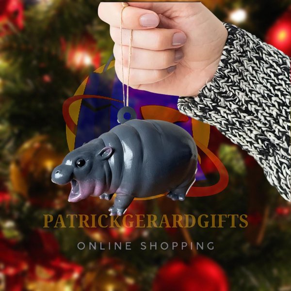 Moo Deng Hippo Ornament, Festive Baby Hippo Christmas Decor-image