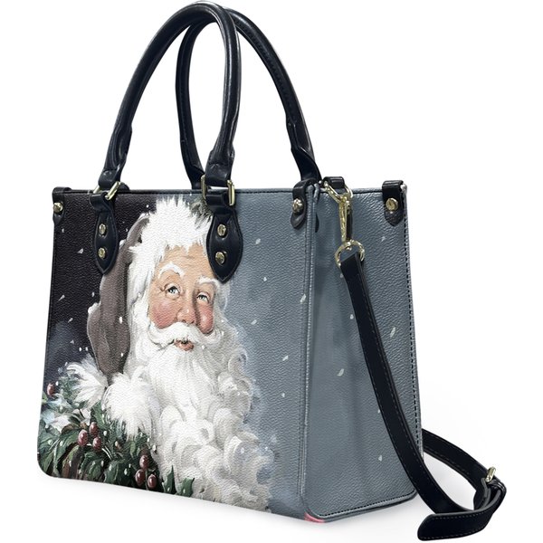 Berry Santa In Gray Leather Bag, Christmas Bag, Santa Handbag