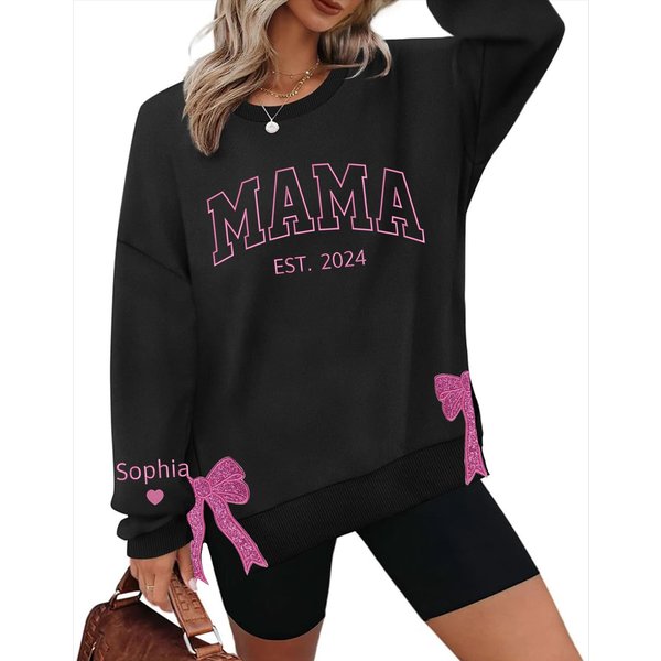 Personalized Mama Bow Embroidered Sweatshirt, Trendy Side Slit Bow Sweatshirt, Personalized Mama Sweatshirt-image
