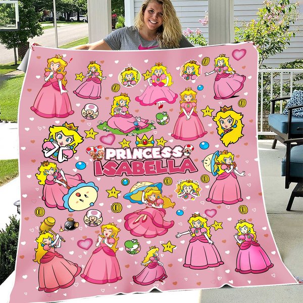 Personalized Super Mario Bros Princess Peach Fleece Blanket, Birthday Girl Gift, Princess Peach Mario Throw Blanket For Couch Sofa-image