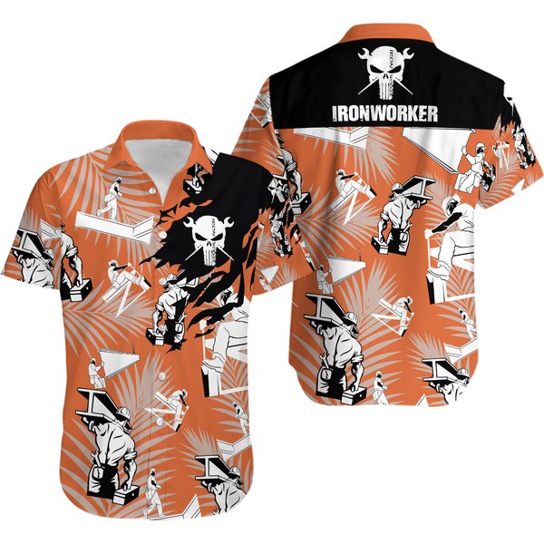 Ironworker Skull Orange Hawaiian Shirt-image