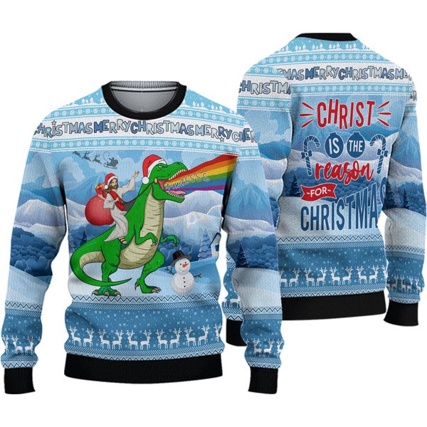 Jesus Riding A Dinosaur Ugly Christmas Sweater, Jesus Sweater