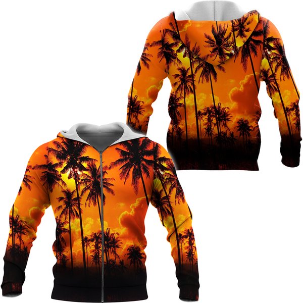 Lush Sunset Palm Trees Tropical Sherpa Microfleece Zip-Up Hoodie-image