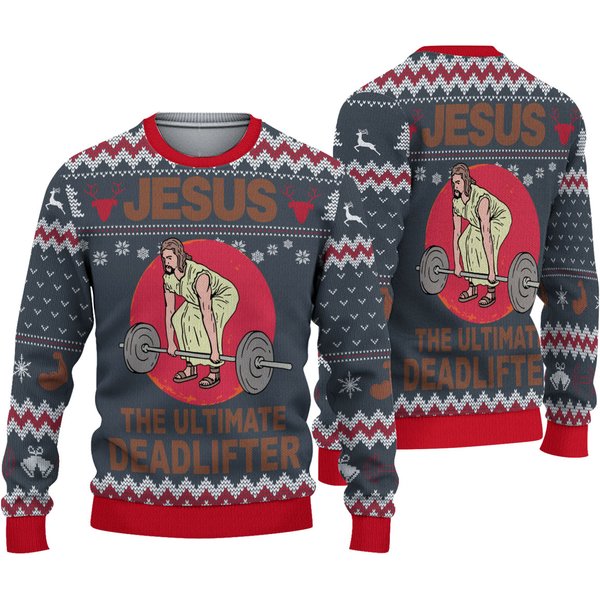 Jesus The Ultimate Deadlifter Merry Christmas Ugly Sweater-image