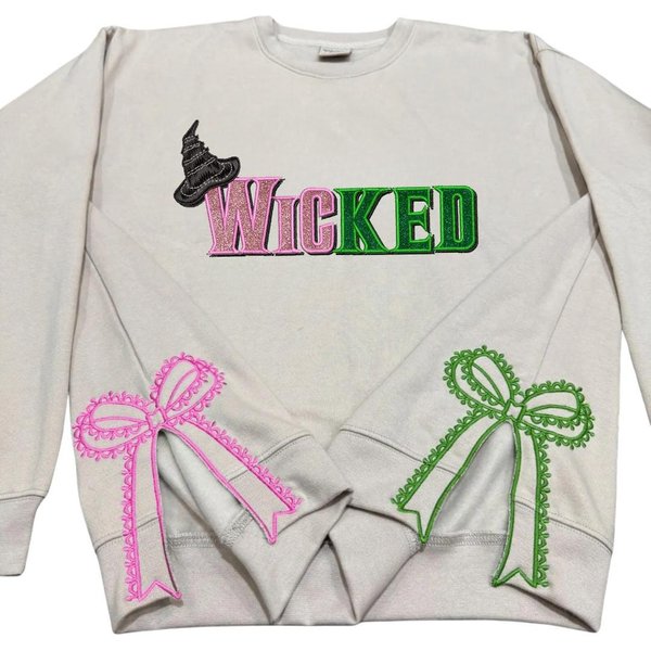 Wicked Glitter Colorful Side Bow Embroidered Sweatshirt, Wizard Of Oz Movie Fan Sweatshirt